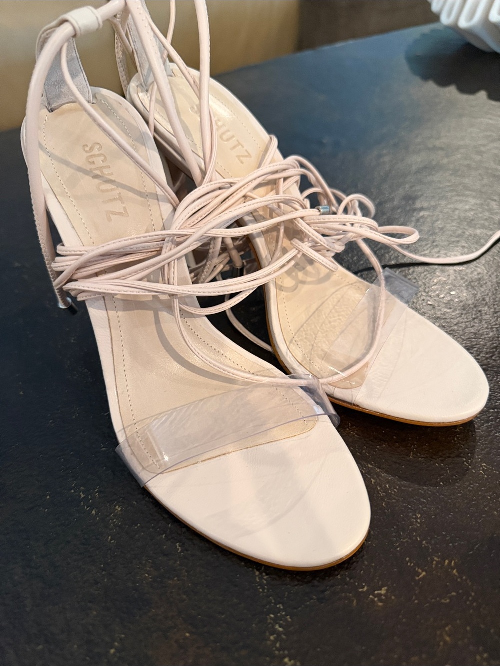 SCHUTZ Blush Lace-Up Clear Strap Heels